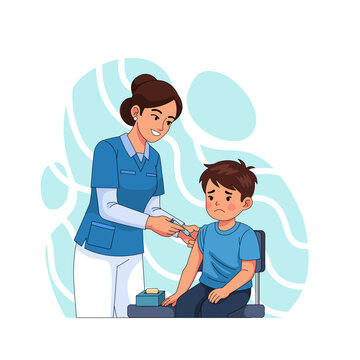 A kind female nurse giving a vaccine injection in the arm of a nervous young boy patient in a clinic. Pediatric vaccination and immunization vector illustration.