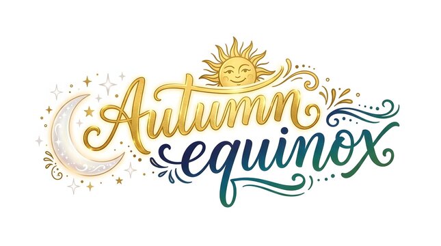 Golden autumn equinox typography with sun and leaves