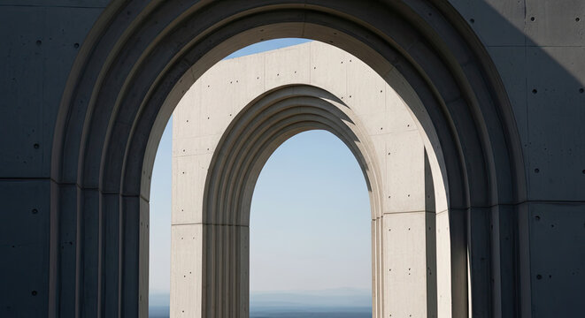 Concrete archways with a view through the openings, showcasing a distant landscape.
