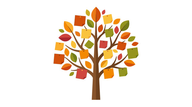 Stylized autumn tree with colorful sticky notes representing brainstorming and project planning flat vector illustration.