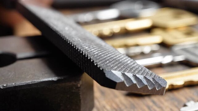 Blank Locksmith File Texture with Blurred Key Background in Metalworking Workshop Context