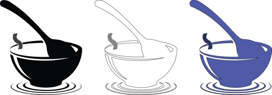 Three bowls with spoons in them in black white and blue on white background