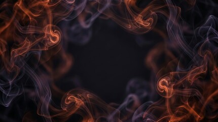 Fototapeta premium Abstract Halloween background with swirling orange and purple smoke on a dark black backdrop.