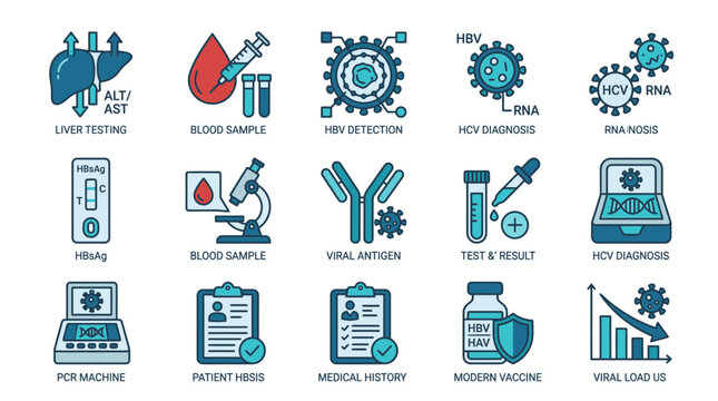 Medical Diagnostics Icons: Liver Health, Blood Tests, Viral Detection & Vaccines