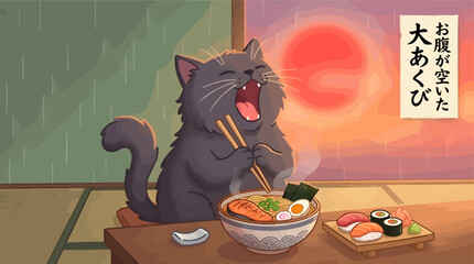 Fluffy Cat Yawning While Eating Ramen and Sushi with Chopsticks, Rainy Evening Sunset View, Japanese Food Illustration © Eddystudio