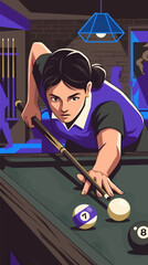 Focused Young Woman Playing Pool in a Dimly Lit Billiard Room, Aiming Cue Stick at Ball, Flat Vector Illustration Style with Bold Lines and Deep Shadows, Blue and Purple Accents © Eddystudio