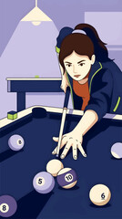 Focused Young Woman Playing Pool in a Dimly Lit Room, Aiming Cue Stick at Billiard Balls on a Blue Table, Flat Design Vector Illustration © Eddystudio