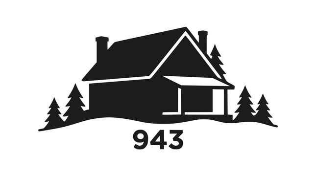 Cabin silhouette with pine trees and house number 943.