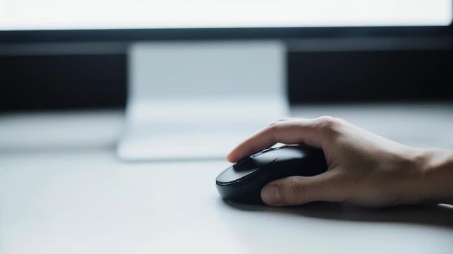 Hand of a person using a black computer mouse on a white desk, with a blurred laptop in the background, showcasing the interaction with digital technology