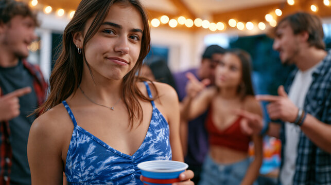 Teenage girl at a house party holding a cup she hasn't sipped from, surrounded by pressuring peers gesturing toward her, her jaw set with quiet resistance, depicting teen peer pressure, substance re