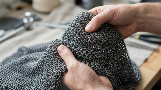Close-up of Hands Inspecting Metal Chainmail