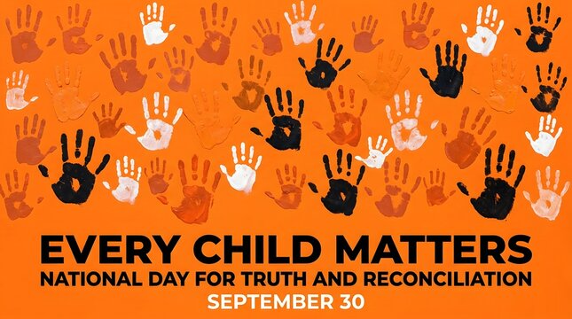 Handprints in orange and black with "every child matters" text poster