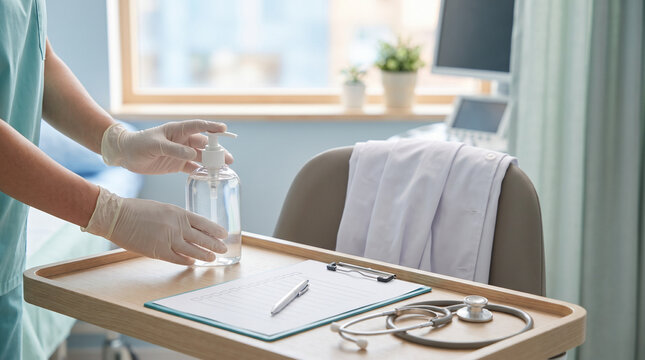 Medical Professional in Scrubs Using Hand Sanitizer with Clipboard and Stethoscope in Hospital, World Patient Safety Day and Infection Control Concept