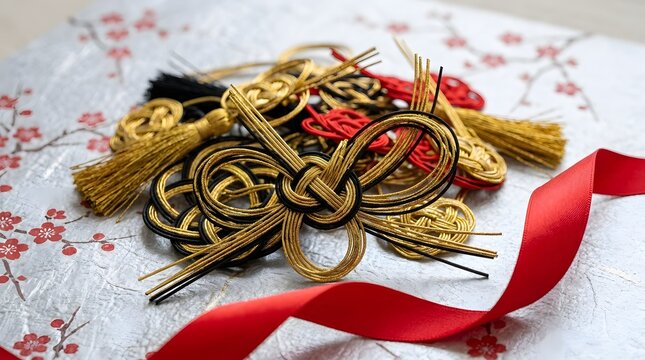 Intricate gold mizuhiki knots on silver paper with red ribbon
