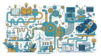 Fototapeta premium Conceptual Illustration of Education and Innovation Process with Science Technology and Renewable Energy Elements