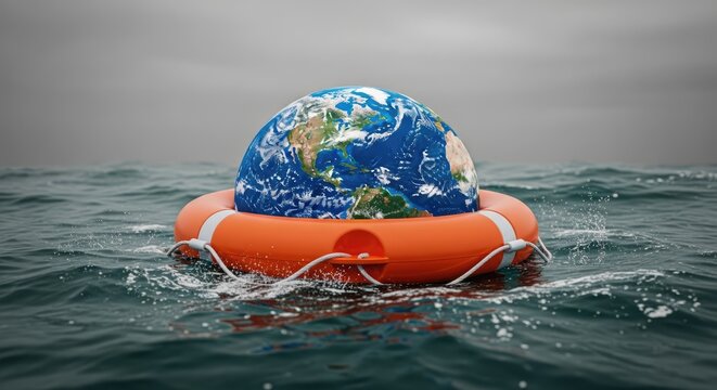 Planet earth floating inside lifebuoy on rough sea water.