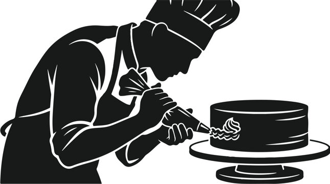 Chef decorating cake with frosting on turntable in kitchen studio, culinary art, food styling, dessert preparation