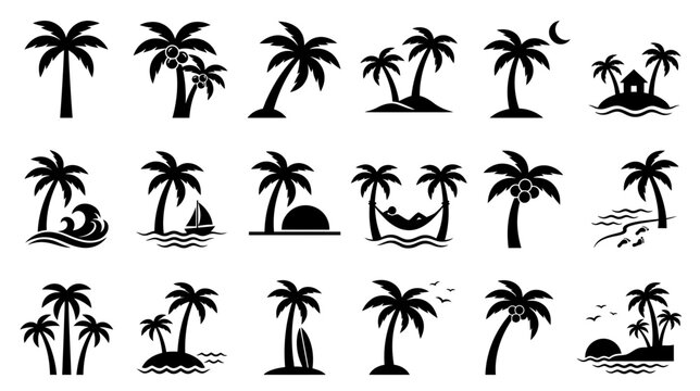 Palm Tree Icons Set: Tropical Islands, Beaches, Sunset, Ocean Waves, Hammock