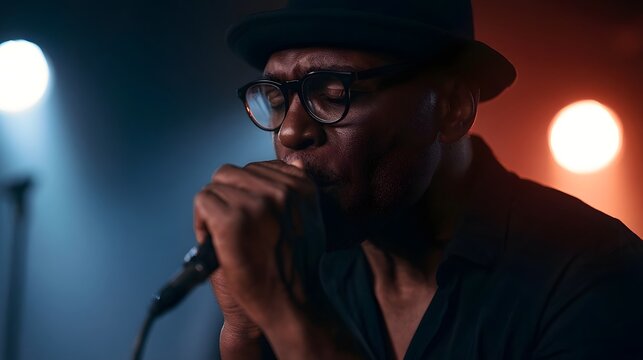 A man wearing glasses and a hat plays a harmonica into a microphone under colorful stage lights