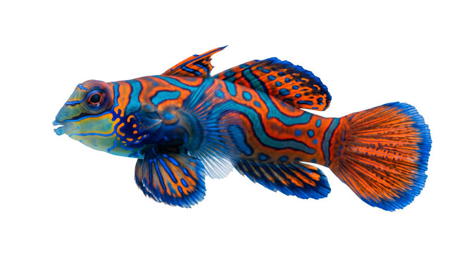 Vibrant mandarin fish with intricate blue and orange patterns swims in clear water