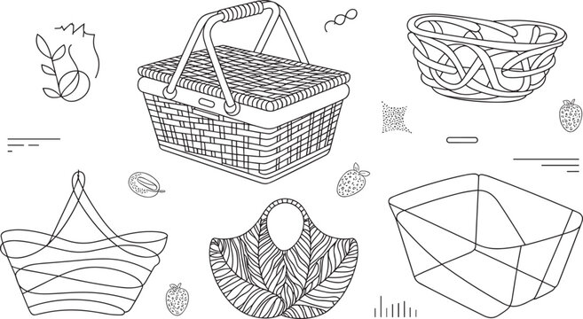 Picnic basket vector illustration set featuring wicker hampers shopping bags woven textures and strawberry icons in minimalist line art design,