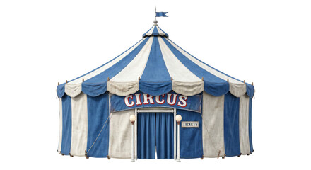 Classic blue and white striped circus tent with a "CIRCUS" sign and ticket booth © Sapphire