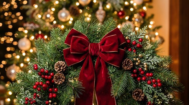 Christmas wreath with a big red velvet bow and pine branches in front of a glowing tree