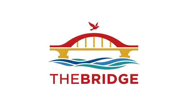 Minimalist arched bridge with red accent and text blue yellow