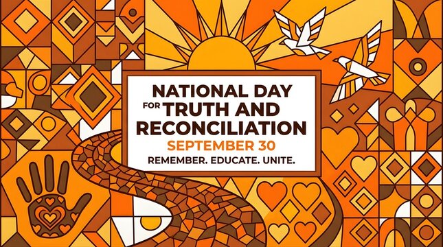 National day for truth and reconciliation poster with indigenous motifs feathers