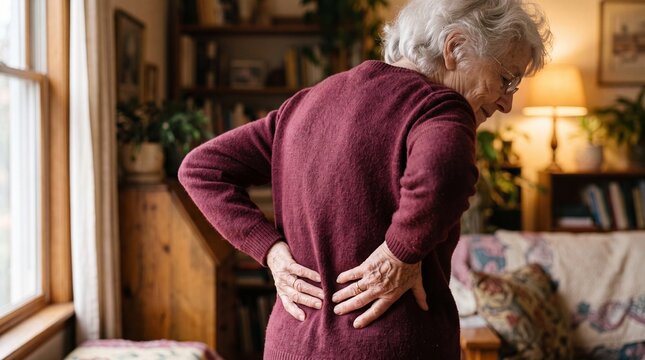 Elderly woman standing in a home interior, holding her lower back with both hands, ad social media download product banner template event festive festival 2026 2027 2028