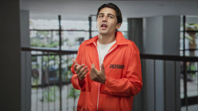 Man prisoner in orange jumpsuit clasping hands and looking upward beside an interior railing in a building, id number visible; remorse reflection penance.