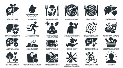 Fototapeta premium Healthy Lifestyle Icons Set: Nutrition, Fitness, Sleep, Detox, Vitality