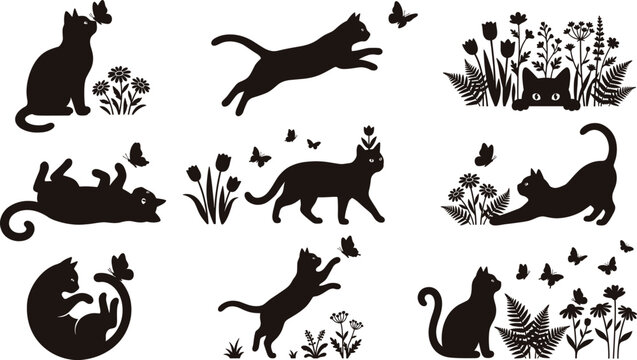 Black Cat Silhouette Set featuring Felines Playing with Butterflies, Jumping, and Hiding in Spring Flowers and Garden Plants Vector Illustrations