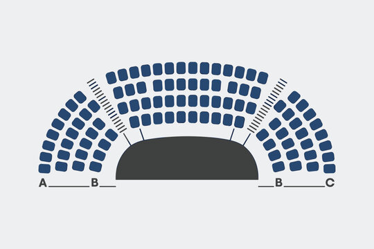 Seating chart of a theater or auditorium with rows of chairs arranged in a semicircle