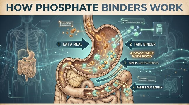 Infographic on how phosphate binders work in kidney disease