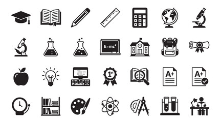 Fototapeta premium Set of black and white education and science featuring a graduation cap, microscope, calculator, globe, books, chemistry flasks, school building, backpack, diploma, apple, and atom symbol