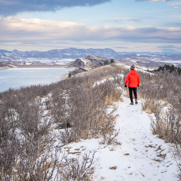 winter walk in Colorado foothills of Rocky Mountains along Horsetooth Reservoir