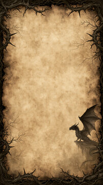 Stylized comic fantasy scroll with dark dragon and blank parchment for epic poster design