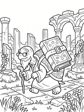 Coloring page, wise turtle sage carrying a giant magical book.
