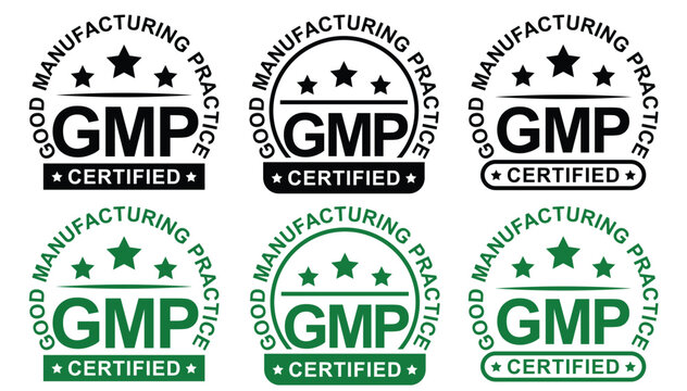 GMP Certified Good Manufacturing Practice Badge Set, Black and Green Quality Standards Seals, Circular and Arch-Shaped Certification Stamp Icons, Vector Illustration