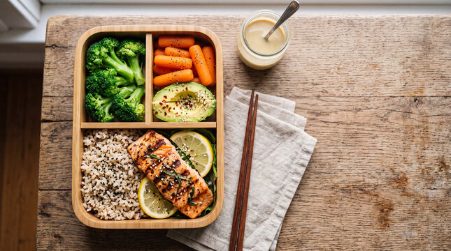 Healthy bento box with grilled salmon, broccoli, carrots, avocado