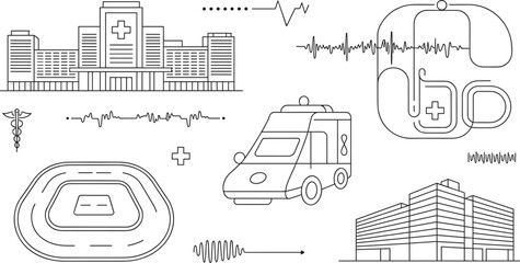 Hospital building vector illustration set featuring line art medical ambulance heartbeat pulse waves clinic architecture and healthcare elements on white background, © Sujon Shah