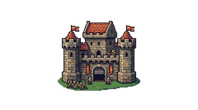 Medieval fortress castle in pixel art style.