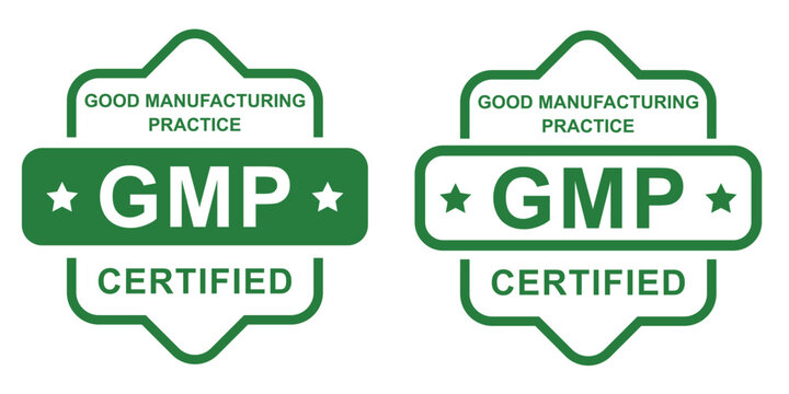 GMP Certified Good Manufacturing Practice Badge Set, Green Quality Standards Seals and Stamp Icons, Health Regulation Compliance Vector Illustration Isolated on Transparent Background