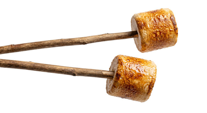 Two perfectly toasted marshmallows on rustic wooden sticks, ready for s'mores