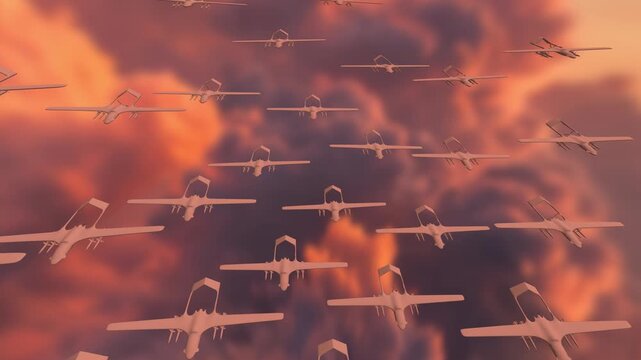 An army of military drones flying in synchronized formation under dramatic orange clouds in a 3D animation loop