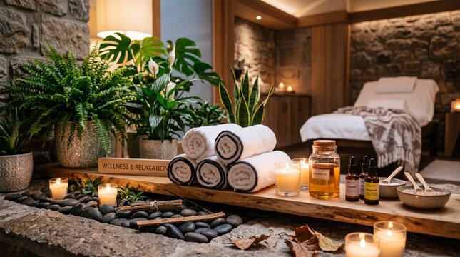 Spa room with massage table, plants, candles, and essential oils