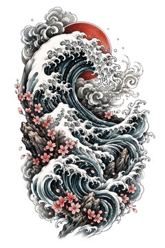 Japanese wave art with cherry blossoms and red sun