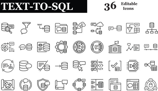Text to SQL Database Black Outline Icon Set - Vector Line Art Natural Language Processing Query Relational Database Analytics
