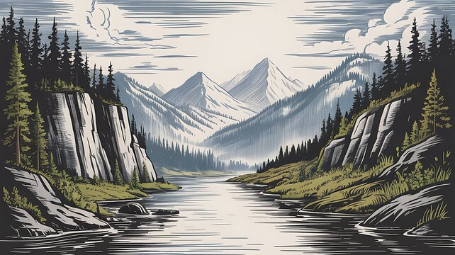 Hand drawn of a mountain range with a flowing river, pine trees, rocky cliffs, and cloudy sky in a vintage style
